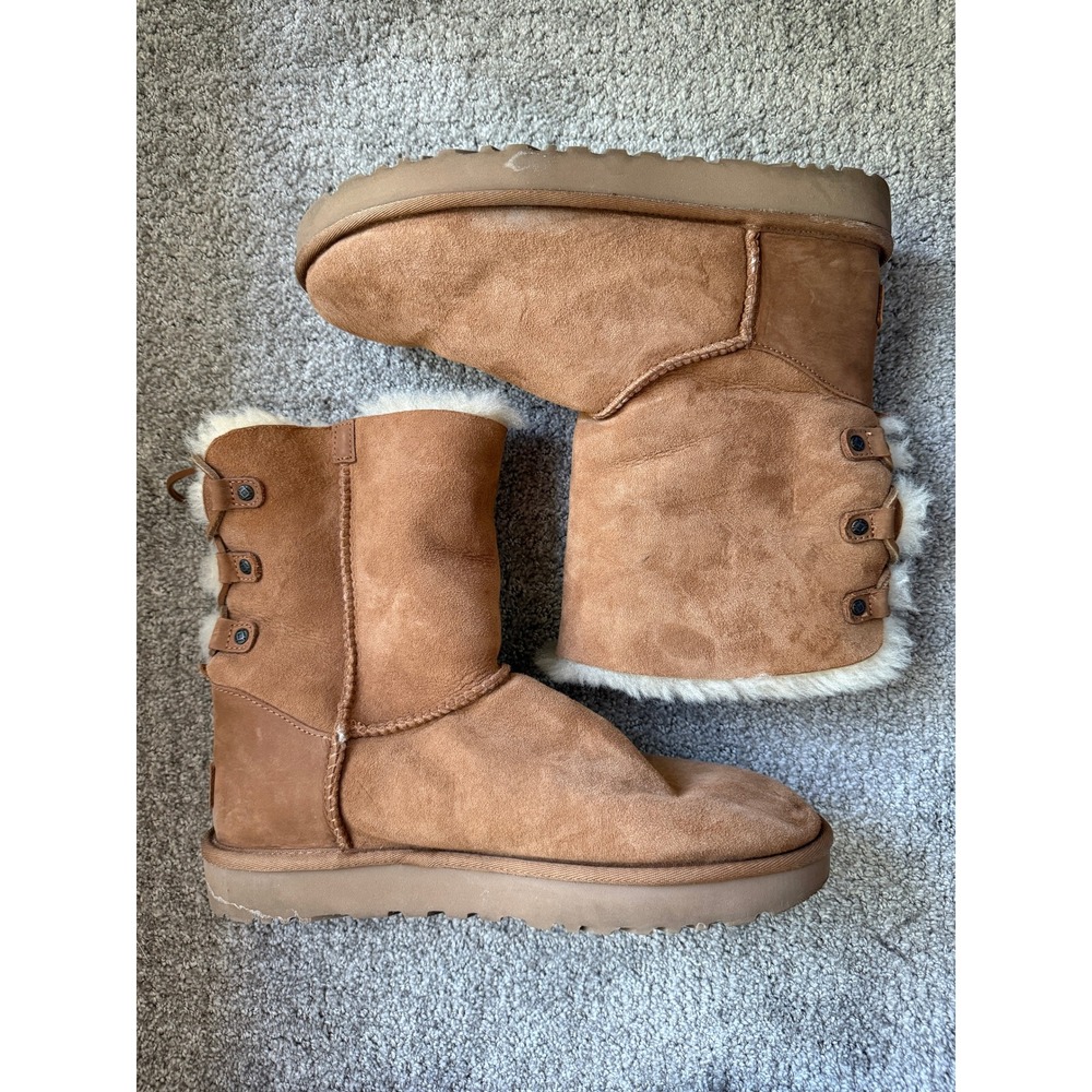 UGG Boots Women's Chestnut Suede Sheepskin Shearling Lace Up Tassel Sz 10‎